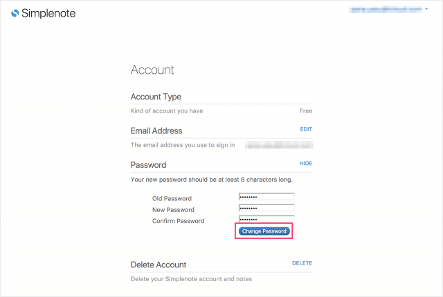 simplenote account password 07