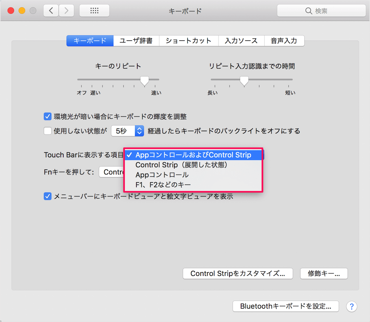 Mac Touch Barにファンクションキー Fnキー を常に表示する Pc設定のカルマ