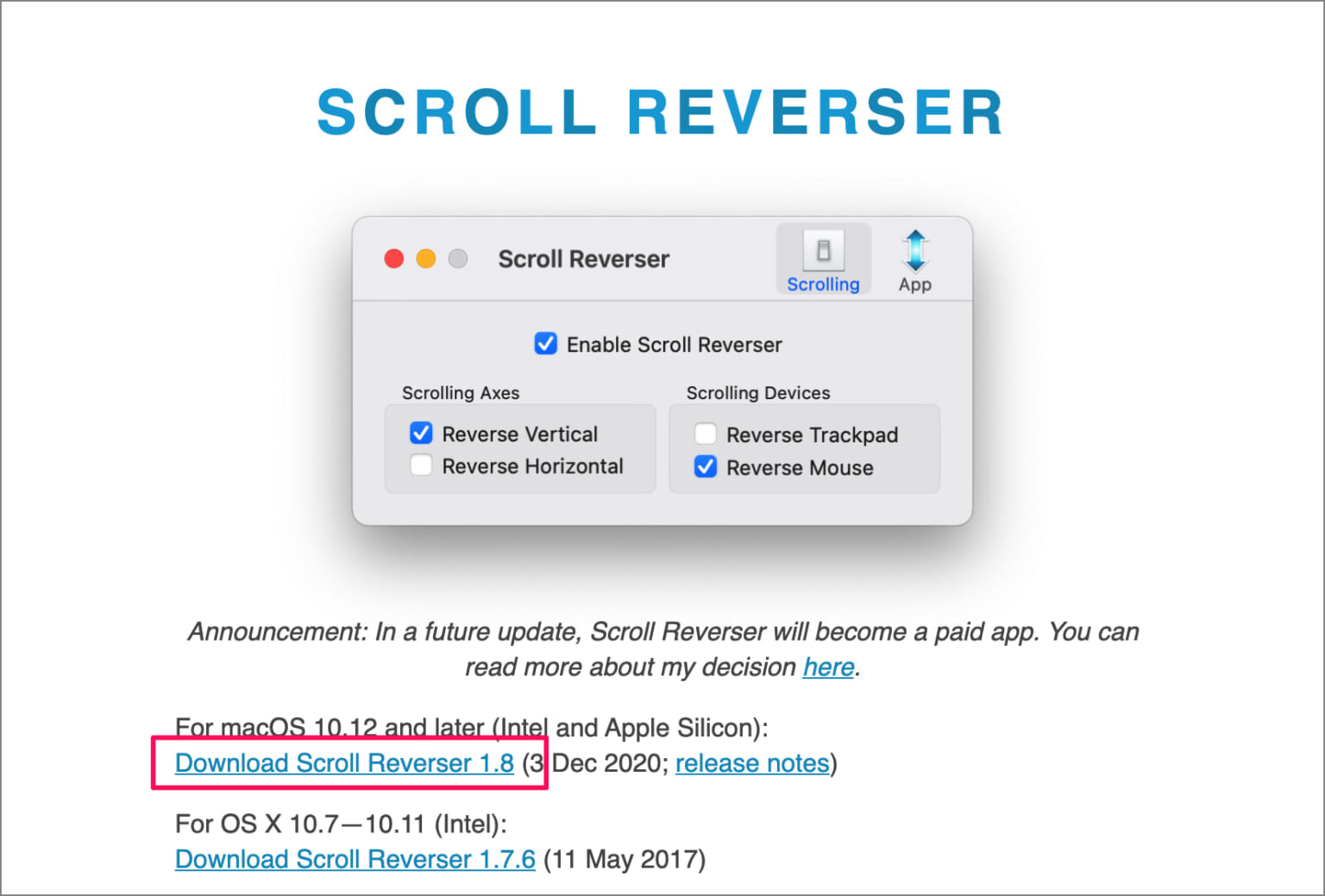 Mac トラックパッドとマウスのスクロール方向を逆にする アプリ「Scroll Reverser」