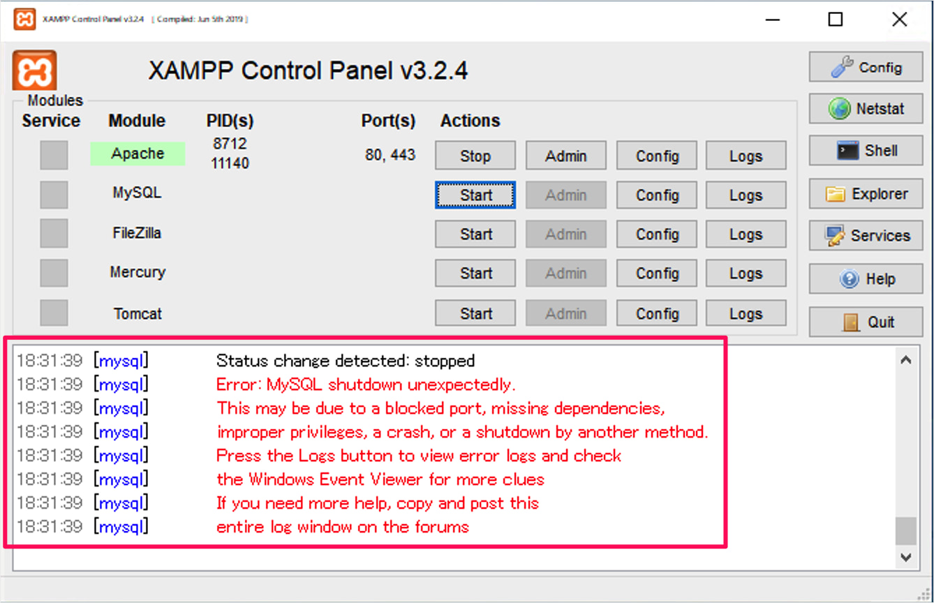 mysql shutdown unexpectedly